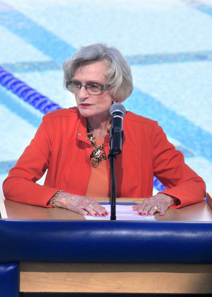 Marian Bergeson speaks at the official unveiling of the renovated Corona del Mar High School Marian Bergeson Aquatics Center in 2014. — Photo by Sara Hall ©