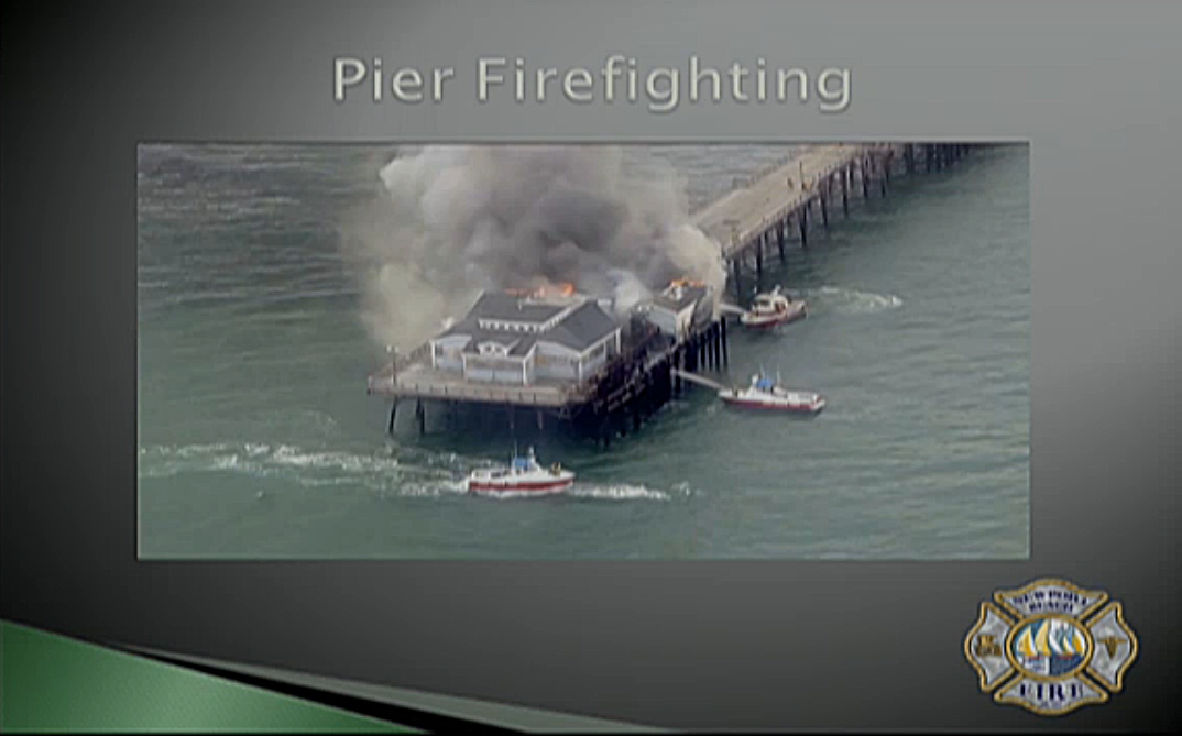 The fire at the end of the Seal Beach pier prompted Newport Beach Fire Department officials to examine Newport and Balboa piers. — Screenshot from NBFD presentation