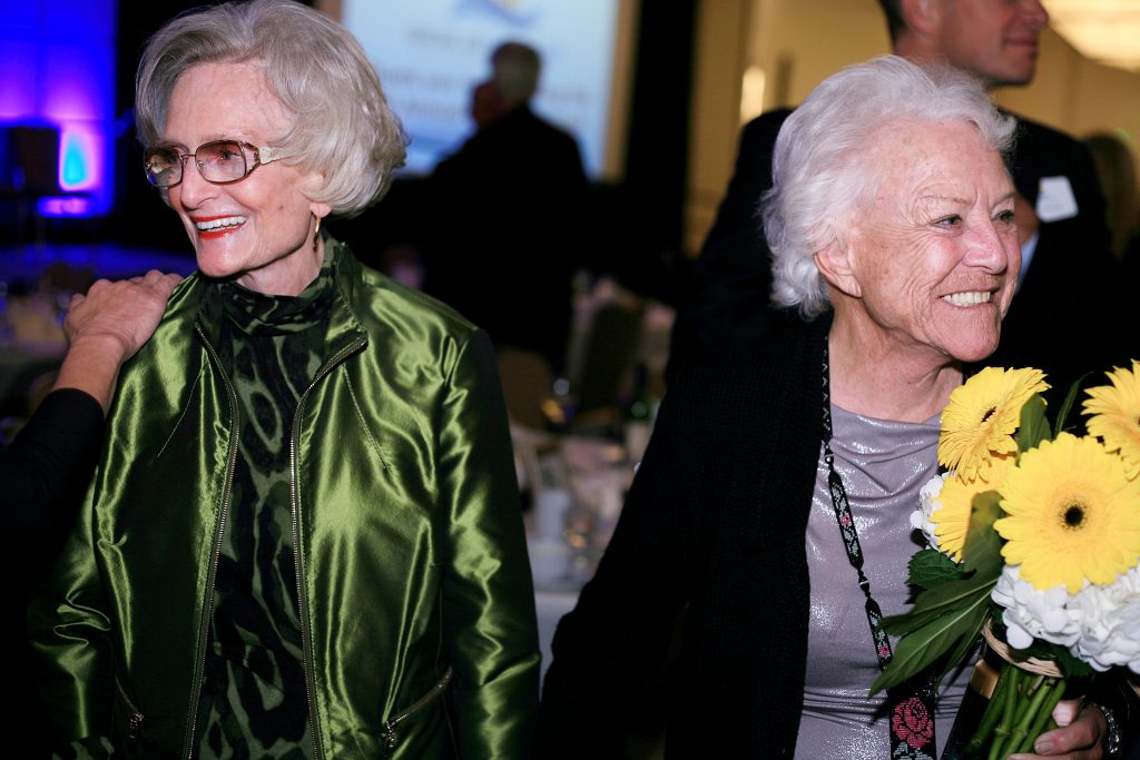 Marian Bergeson (left) and her good friend and former Newport Beach mayor Evelyn Hart speak with guests after Speak Up Newport’s 35th Mayor’s Dinner in February. — Photo by Sara Hall ©