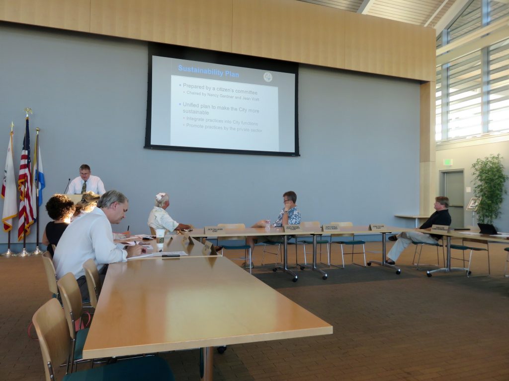 City Planning Program Manager Patrick Alford discusses the proposed Newport Beach Sustainability Plan Tuesday as members of the Environmental Quality Affairs Committee listen. — Photo by Sara Hall ©