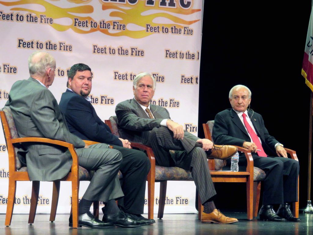 (left to right) Jeff Herdman and Mike Glenn for District 5, and Phil Greer and Fred Ameri for District 7, at the conversational Feet to the Fire forum Wednesday. — Photo by Sara Hall ©