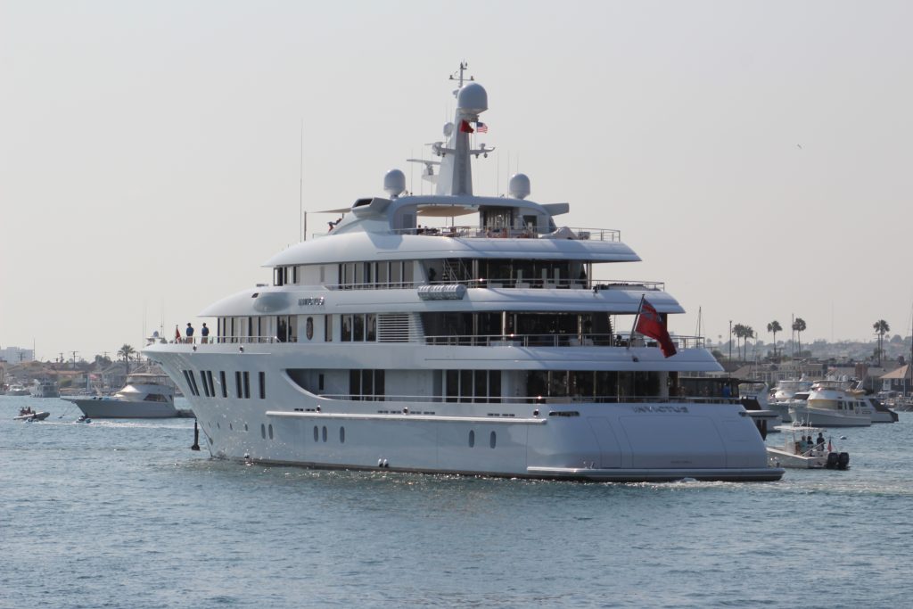 The mega yacht “Invictus” has returned to Newport Harbor. — Photo by Steve Barrett ©