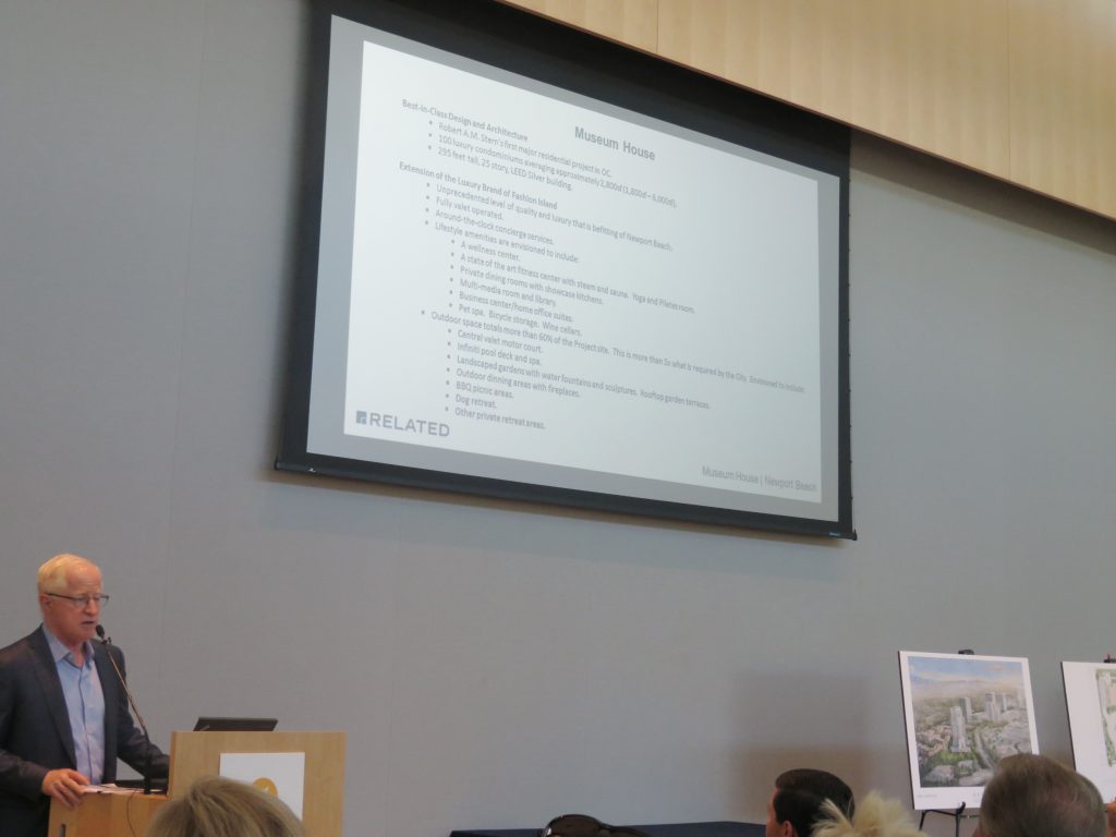 Bill Witte, president of Related California Urban Housing, LLC, speaks about the Museum House project at Speak Up Newport’s meeting on Wednesday. — Photo by Sara Hall ©