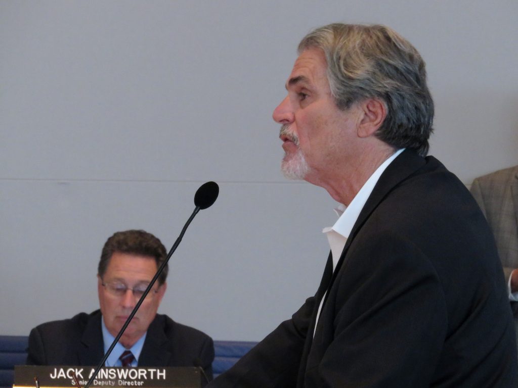 Developer Newport Banning Ranch LLC spokesman Mike Mohler speaks to the commission about the project. — Photo by Sara Hall ©
