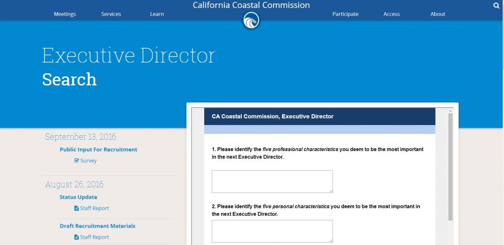 A screen shot of the California Coastal Commission public input survey for the search for the new executive director.