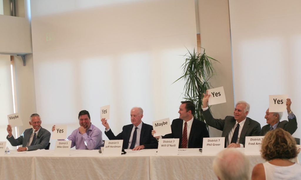 Newport Beach City Council candidates (left to right) Brad Avery for District 2, Mike Glenn and Jeff Herdman for District 5, and Will O’Neill, Phil Greer, and Fred Ameri for District 7, answer yes/no/maybe questions at the West Newport Beach Association candidate forum Wednesday. — Photo by Sara Hall ©