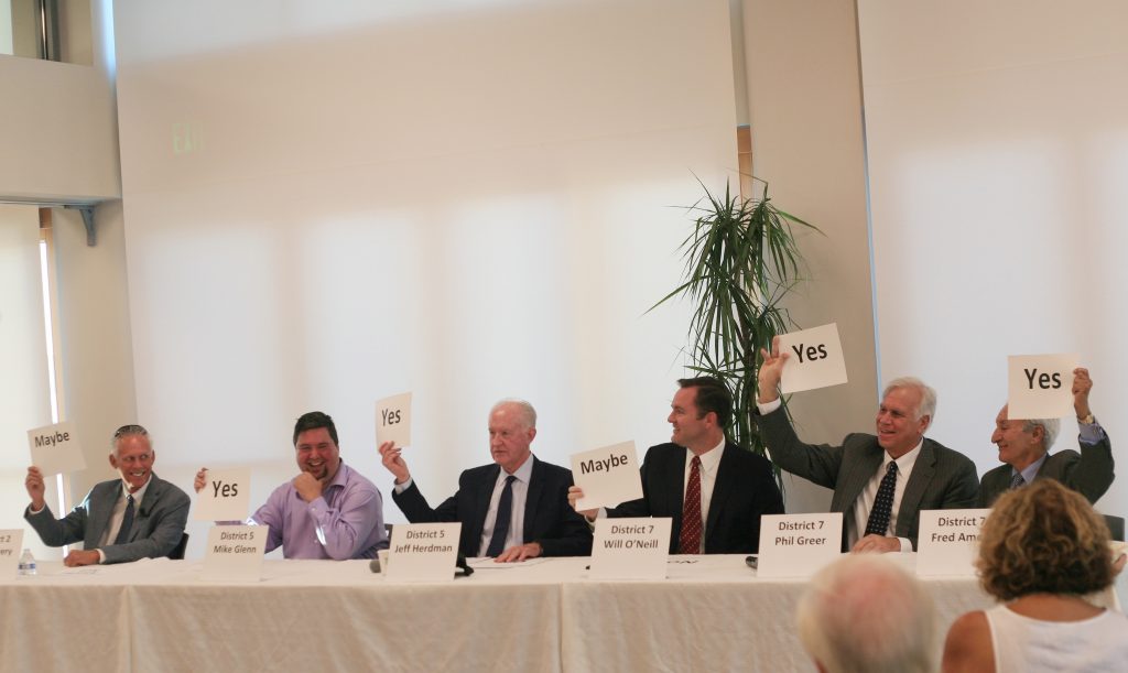 Newport Beach City Council candidates (left to right) Brad Avery for District 2, Mike Glenn and Jeff Herdman for District 5, and Will O’Neill, Phil Greer, and Fred Ameri for District 7, answer yes/no/maybe questions at the West Newport Beach Association candidate forum Wednesday. — Photo by Sara Hall © 