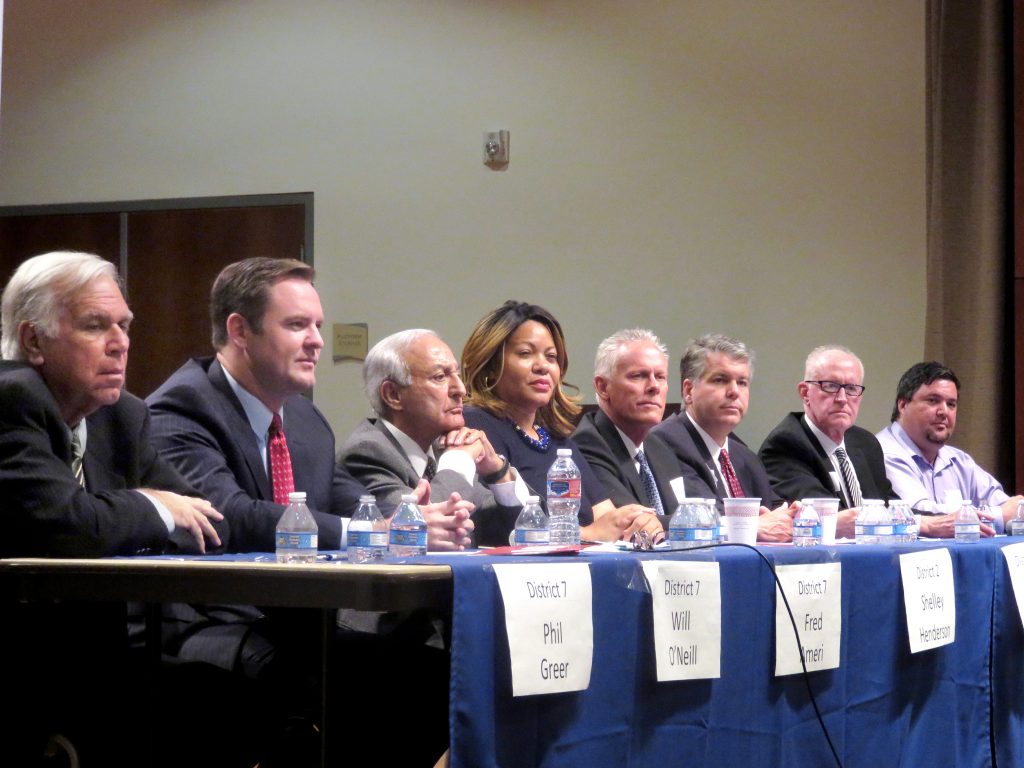 (left to right) Phil Greer, Will O’Neill, and Fred Ameri, all for District 7, Shelley Henderson and Brad Avery, both for District 2, and Lee Lowrey Jeff Herdman, and Mike Glenn, all for District 5, discuss the issues during Corona del Mar Residents Association’s Newport Beach City Council candidate forum on Monday. — Photo by Sara Hall ©