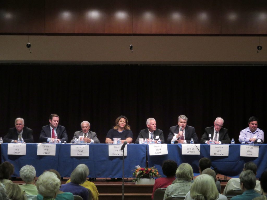 (left to right) Phil Greer, Will O’Neill, and Fred Ameri, all for District 7, Shelley Henderson and Brad Avery, both for District 2, and Lee Lowrey Jeff Herdman, and Mike Glenn, all for District 5, discuss the issues during Corona del Mar Residents Association’s Newport Beach City Council candidate forum on Monday. — Photo by Sara Hall ©