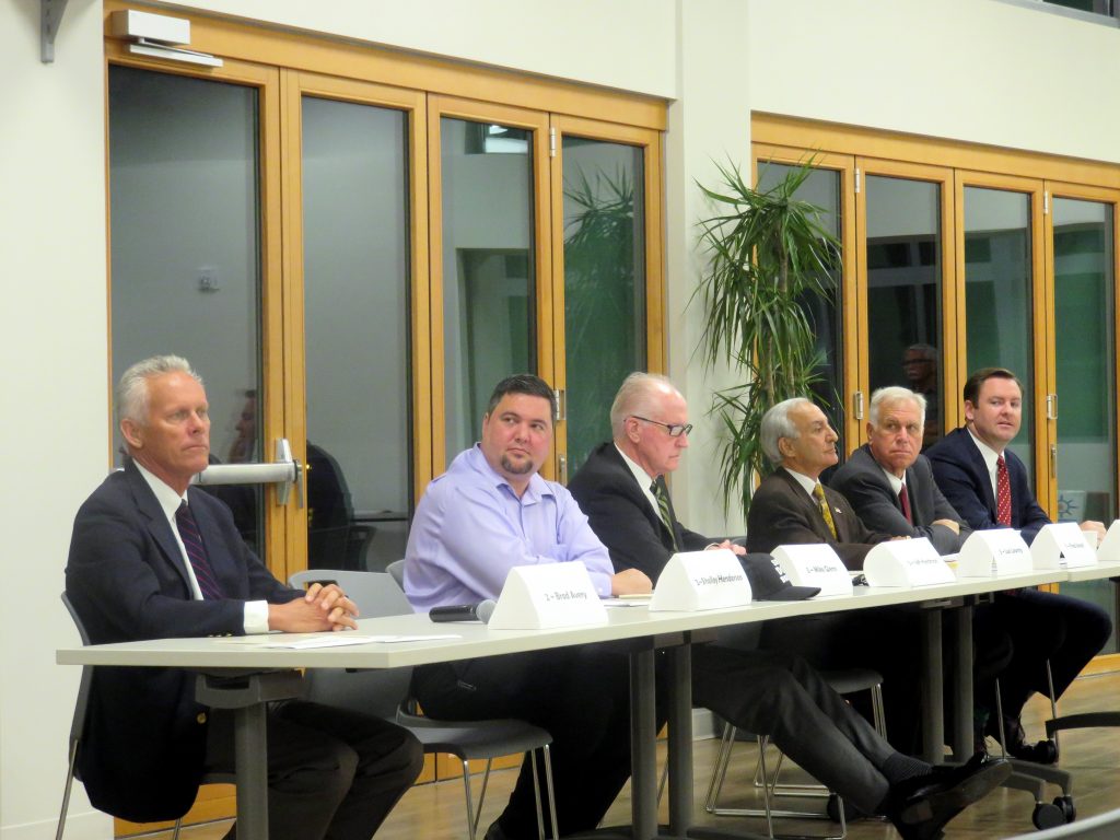 (left to right) Brad Avery for District 2, Mike Glenn and Jeff Herdman for District 5, and Fred Ameri, Phil Greer, and Will O’Neill, all for District 7, discuss the issues during the Central Newport Beach Community Association’s Newport Beach City Council candidate forum on Wednesday. — Photo by Sara Hall ©