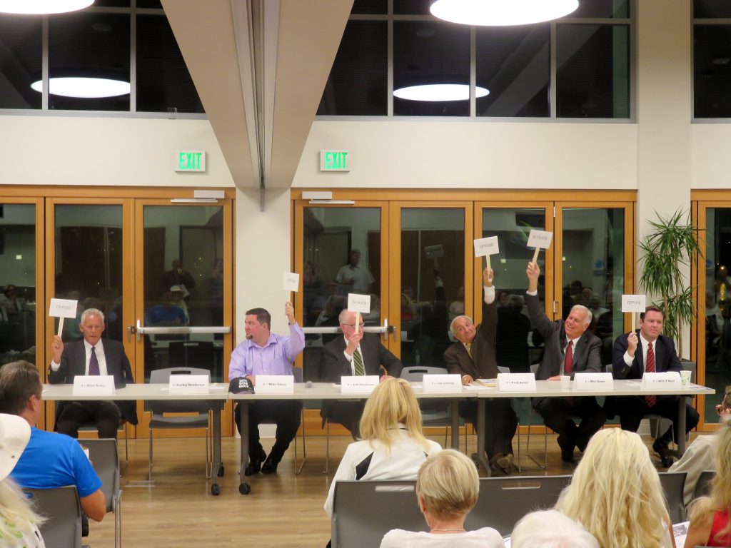 (left to right) Brad Avery for District 2, Mike Glenn and Jeff Herdman for District 5, and Fred Ameri, Phil Greer, and Will O’Neill, all for District 7, discuss the issues during the Central Newport Beach Community Association’s Newport Beach City Council candidate forum on Wednesday. — Photo by Sara Hall ©