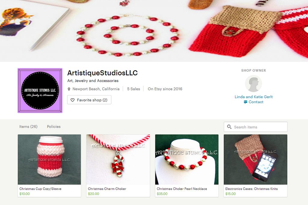 A screenshot of local mother and daughter duo Linda and Katie Gerlt’s online shop, Artistique Studios, LLC.