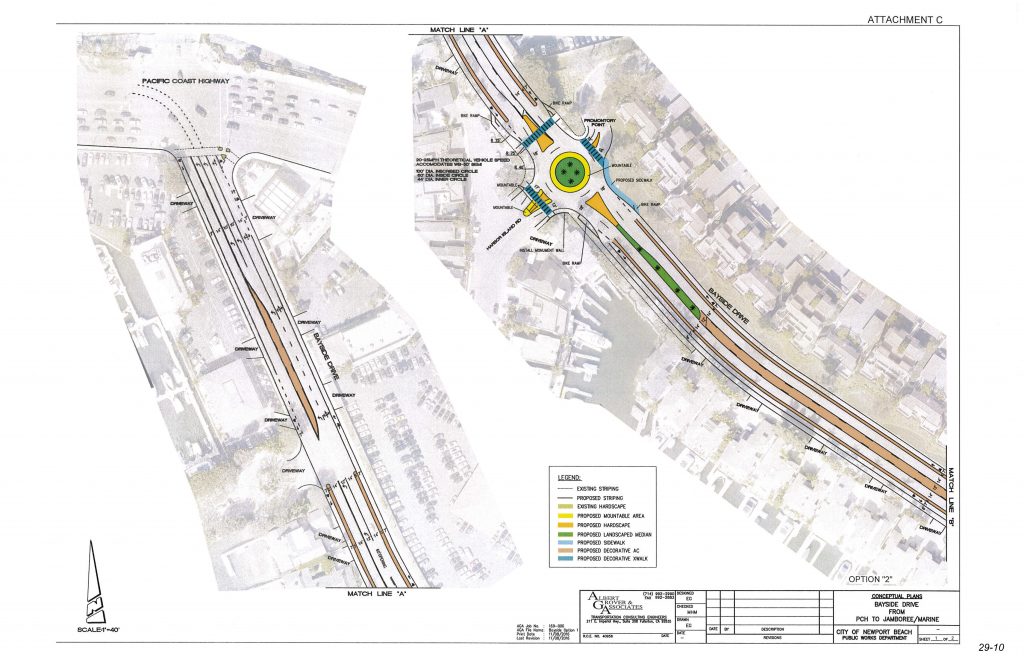 Newport Beach City Council voted to move forward with a number of possible changes to Bayside Drive, including a roundabout. — Photo illustration courtesy city of Newport Beach ©