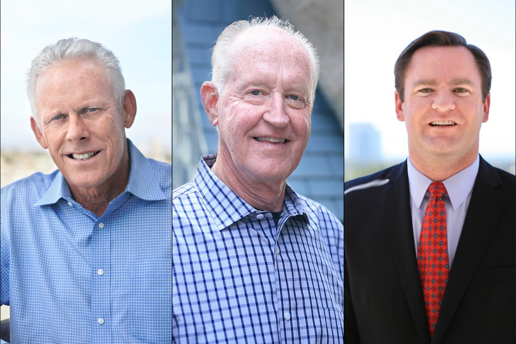 All 63 precincts reported for Newport Beach City Council election and voted in (left to right) Brad Avery for District 2, Jeff Herdman for District 5, and Will O'Neill for District 7.