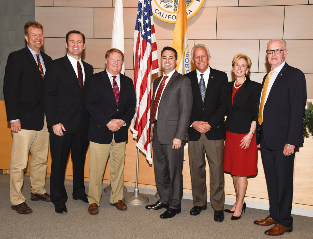 The three new councilmen elected in November took office during the Dec. 13 City Council meeting and, along with the rest of the council, unanimously elected Kevin Muldoon as mayor and Marshall “Duffy” Duffield as mayor pro tem for 2017. The entire council (left to right) Scott Peotter, Will O’Neill, Mayor Pro Tem Marshall “Duffy” Duffield, Mayor Kevin Muldoon, Brad Avery, Diane Dixon, and Jeff Herdman. — Photo by Lawrence Sherwin ©