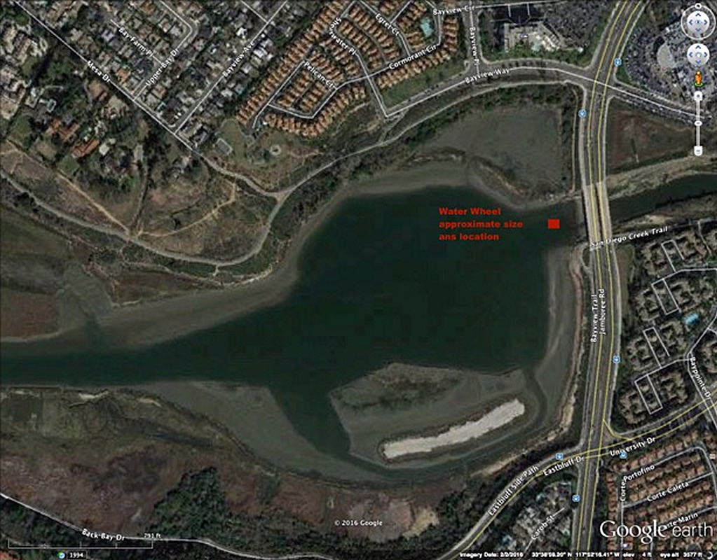 A map of the proposed location for the solar-powered, debris-gathering water wheel in Newport Bay. — Photo courtesy of Mark Ward ©