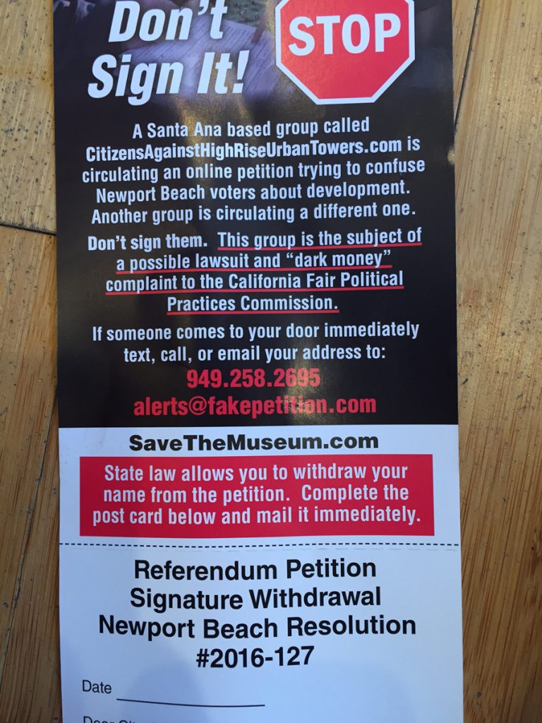 A “fake petition” door hanger. — NB Indy file photo ©