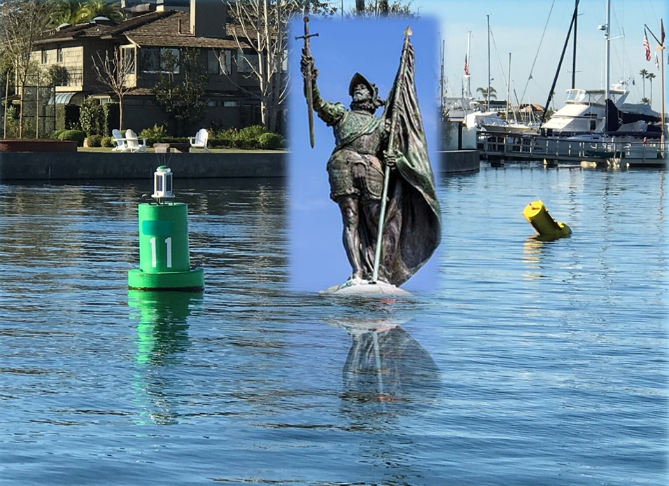 A photo composite of a statue of Juan Rodríguez Cabrillo (first European explorer to sail the California coast) at Bay Island marker in Newport Harbor.  — Photo courtesy Mike Lawler ©