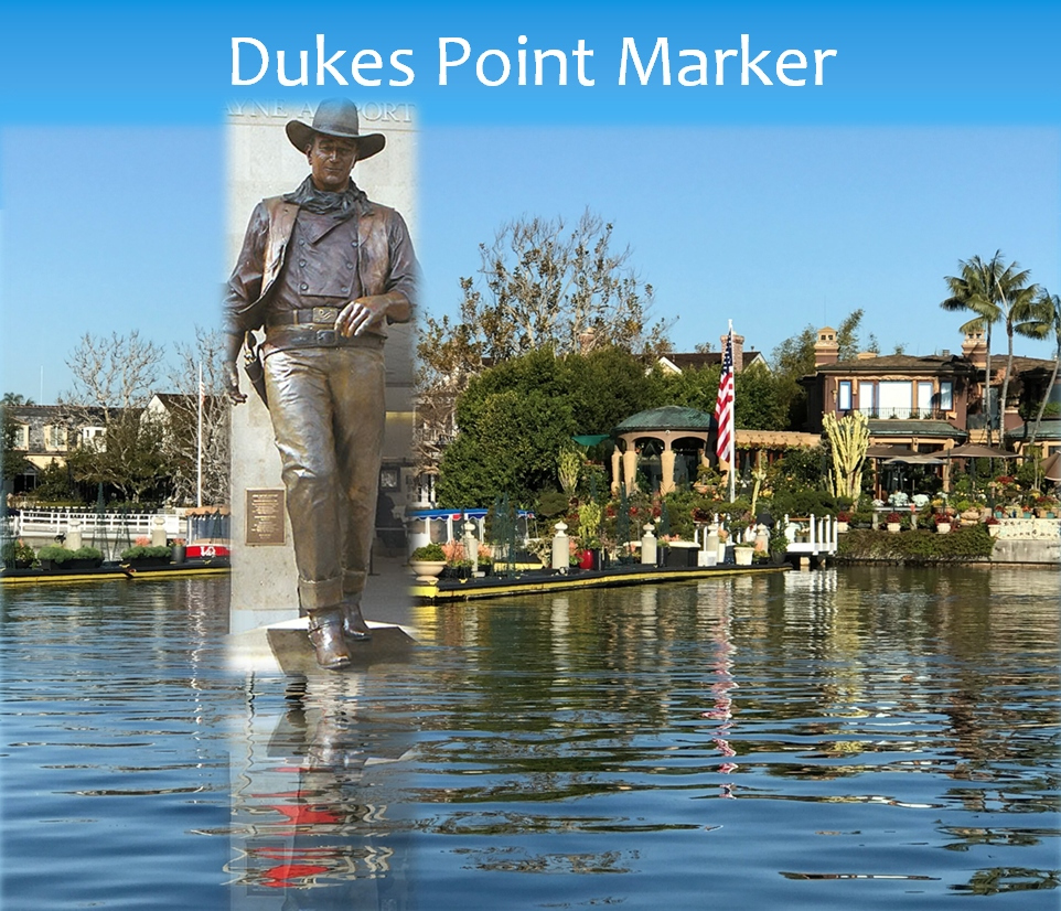 A photo composite of a possible John Wayne statue at Duke's Point in Newport Harbor, one of many statues suggested by a local boating enthusiast, in and around the harbor.  — Photo courtesy Mike Lawler ©