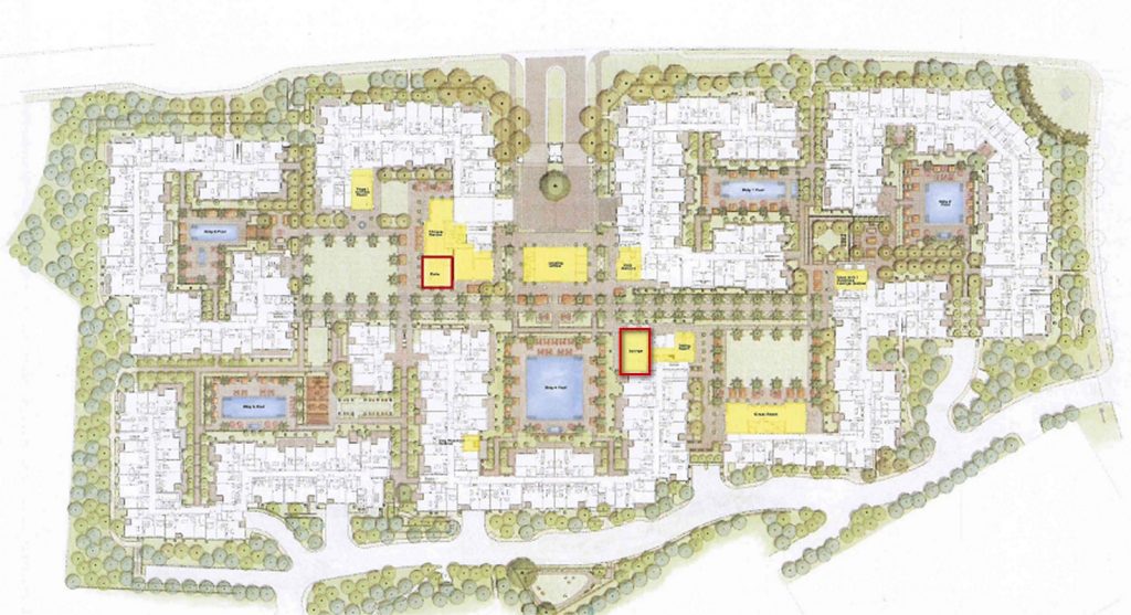 Location of the cafe and lounge outlined in red in a rending of the Villas at Fashion Island project. — Photo courtesy city of Newport Beach ©