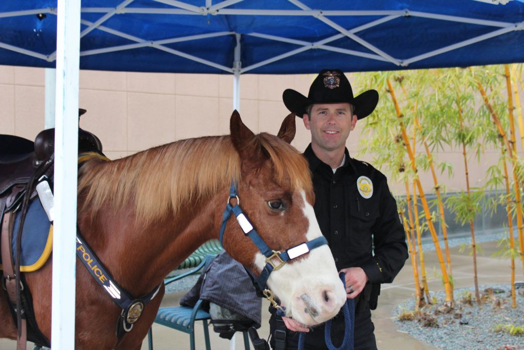 Newport Beach Police Officer Shaun Dugan and Levi, the 3-year veteran horse of NBPD, greeted guests at the Chamber's Wake Up meeting. — Photo by Victoria Kertz ©