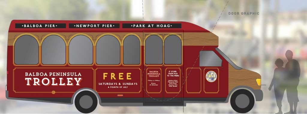 A rendering of the proposed Balboa Peninsula Trolley, a free shuttle service for summer weekends on the peninsula. — Courtesy of the city of Newport Beach ©