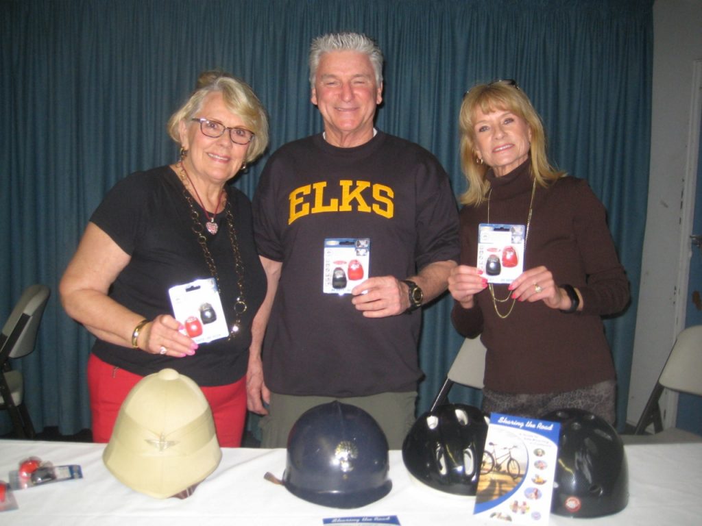 Newport Harbor Elk volunteers (left to right): Gero Reno, safety presenter; Dan Roach, past exalted ruler of the lodge and safety presenter; and Karen Johnson, past first lady of the lodge and safety project manager. — Photo courtesy of Karen Johnson ©