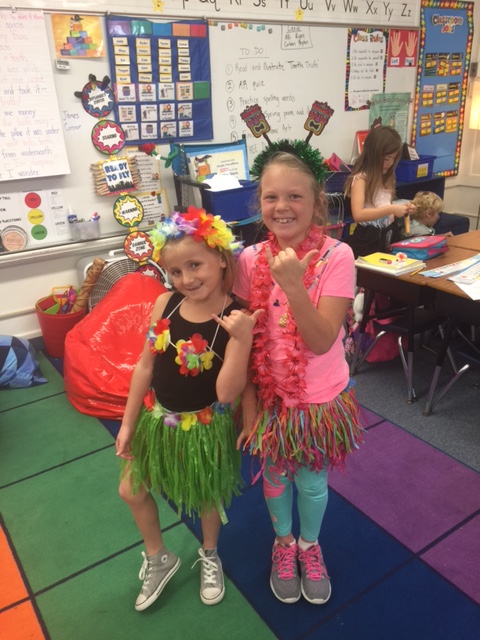 Kids decked out in their hula outfits at school last week. — Photo courtesy Dena Baron , co-chair of Newport El School Foundation ©