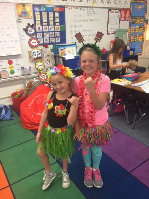 Kids decked out in their hula outfits at school last week. — Photo courtesy Dena Baron , co-chair of Newport El School Foundation © 