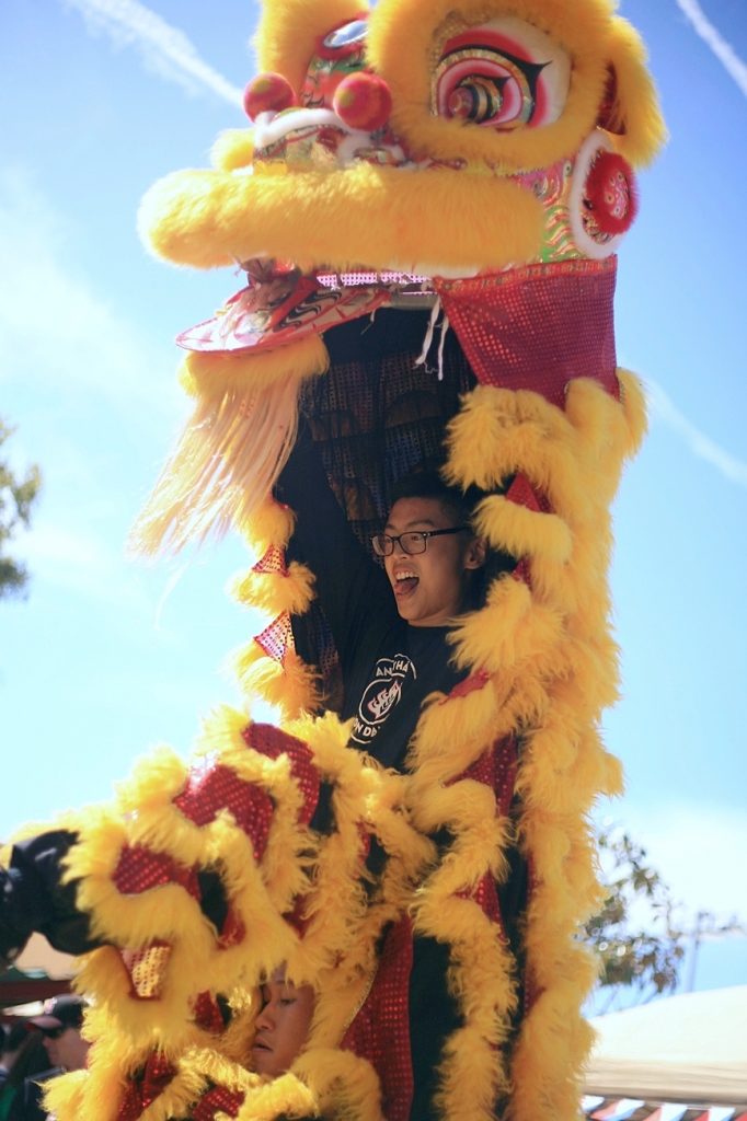 One of the dancers from the group, Ane Thanh’s Chinese Lion Dancers, smiles as he performs in front of the crowd at the Multicultural Fair on Saturday. — Photo by Sara Hall ©