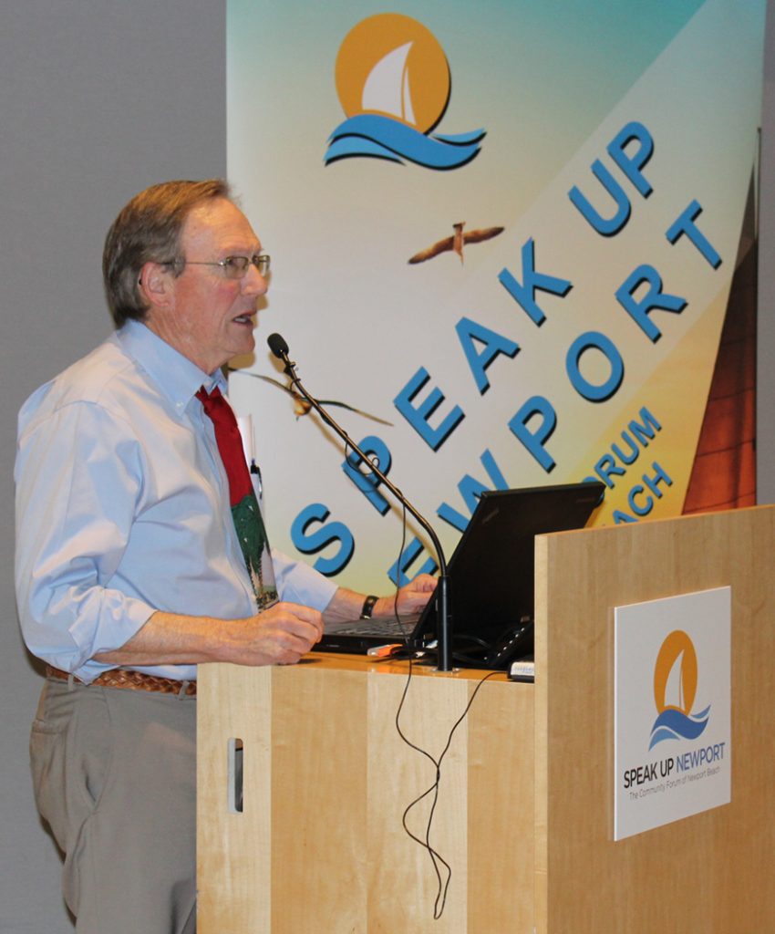 Tom Edwards at podium speaking about NextGen and John Wayne Airport at Speak Up! Newport on Wednesday. — Photo by Victoria Kertz ©