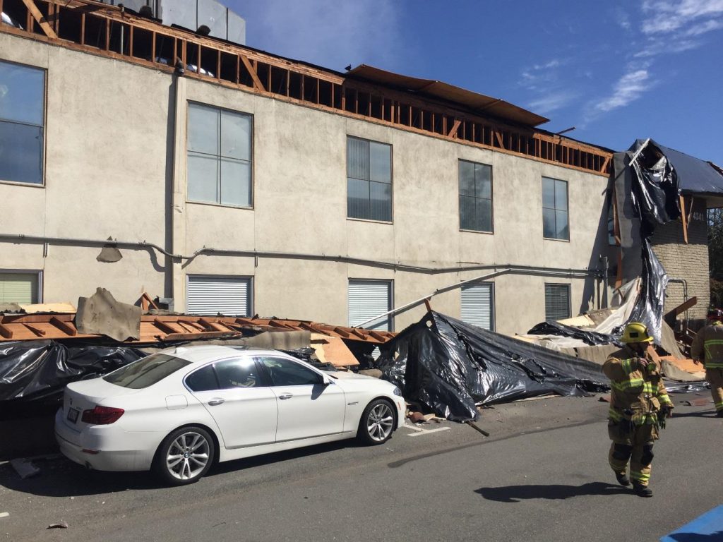 Damage from the structural collapse at 4341 Birch Street. — Photo courtesy Newport Beach Fire Department ©