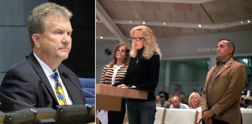 [left photo] Newport Beach City Councilman Scott Peotter listens as opponents raise concerns about him at the council meeting Tuesday. [right photo] Balboa Peninsula Lori Morris (center) explains her reasons for supporting the recall effort of Peotter alongside Harbor Commission Chairman and Corona del Mar resident Paul Blank and Big Canyon resident Lynn Swain.  — Photos by Sara Hall ©