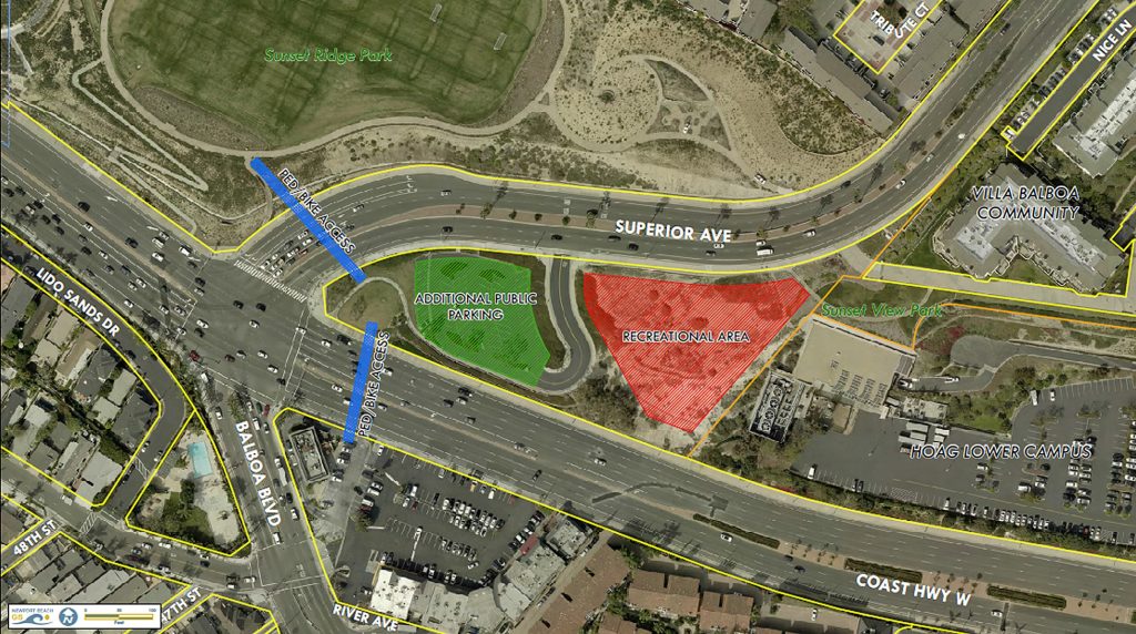 An aerial photo illustration of Lower Sunset View Park project location and proposed improvement areas. — Photo courtesy city of Newport Beach ©
