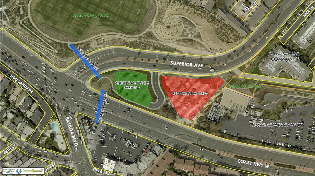 An aerial photo illustration of Lower Sunset View Park project location and proposed improvement areas. — Photo courtesy city of  Newport Beach ©