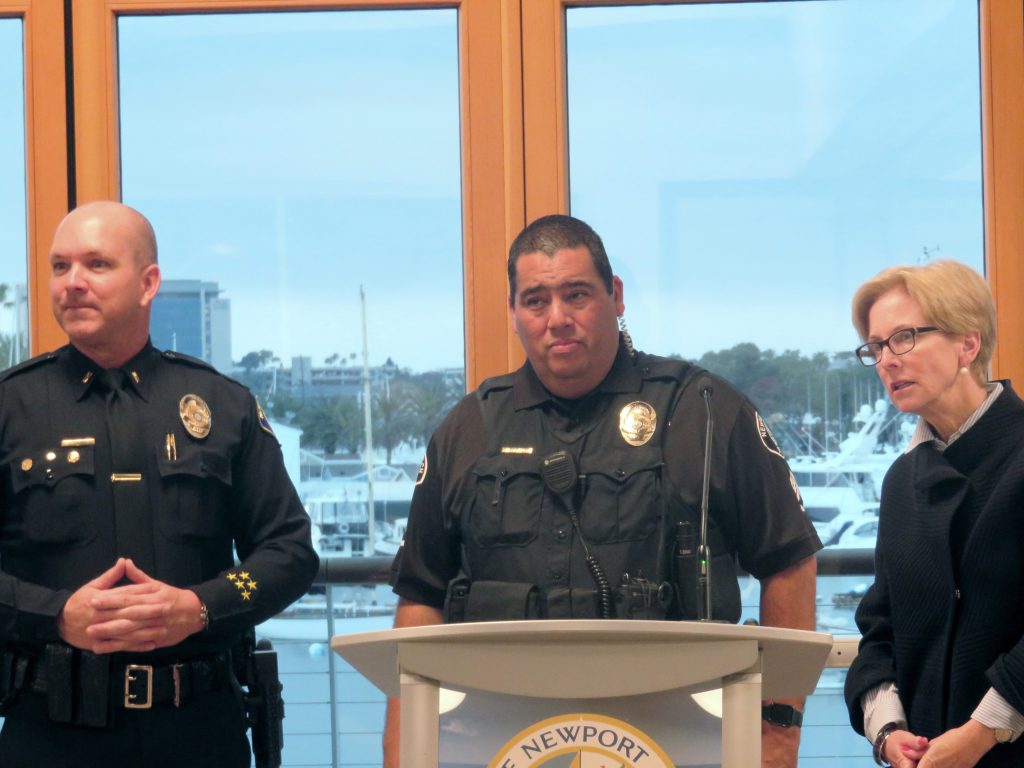 (left to right) Newport Beach Police Department Lt. Randy Querry, NBPD Sgt. Brandon Rodriguez, and NB City Councilwoman Diane Dixon talk about boardwalk safety and regulations during Monday’s Town Hall meeting at Marina Park. — Photo by Sara Hall ©