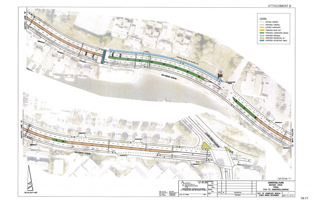 A draft concept plan of option one for the street layout of Bayside Drive approved Tuesday by Newport Beach City Council. (click to enlarge) — Photo courtesy the city of Newport Beach ©