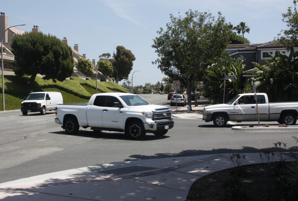 The intersection at Bayside and Harbor Island drives, one of the main points of contention during the Newport Beach City Council discussion Tuesday about the street layout of Bayside Drive. — Photo by Christopher Trela ©