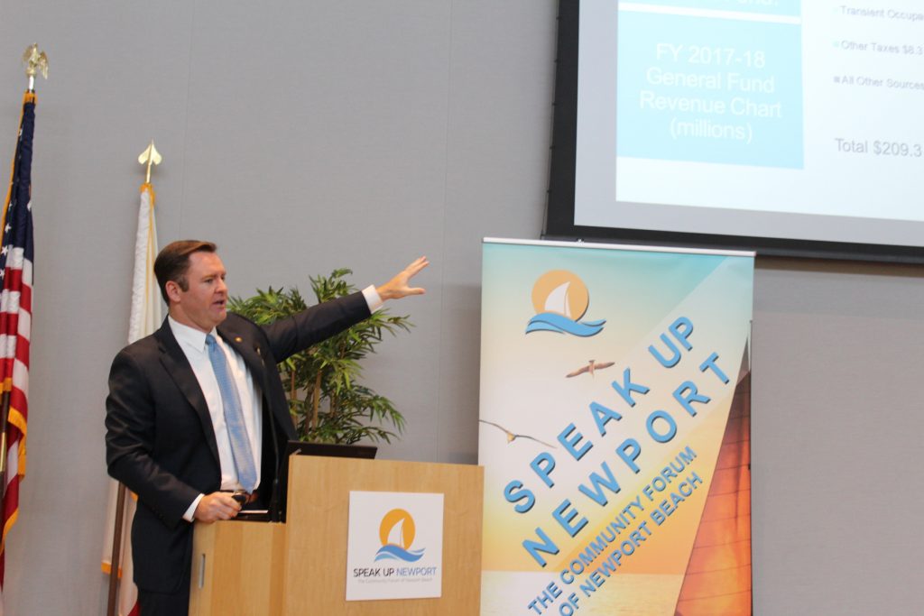 Newport Beach City Councilman Will O’Neill presents an overview of the city’s finances during the Speak Up Newport meeting in the Civic Center Community Room on Wednesday. — Photo by Victoria Kertz © 