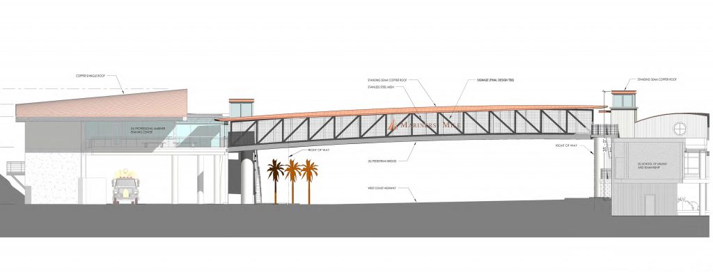 An artist’s rendering of the eastbound view of the recently approved pedestrian bridge planned to cross West Coast Highway near the eastern entrance to Mariners’ Mile in Newport Beach. — Rendering by HPI Architecture/courtesy CA Coastal Commission