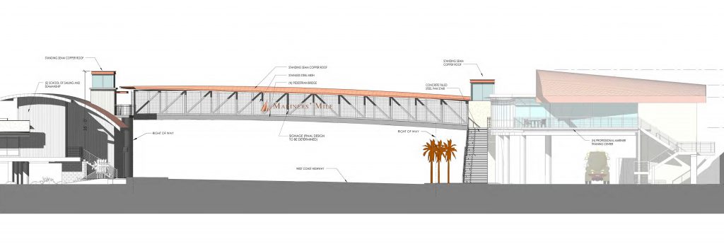 An artist’s rendering of the westbound view of the recently approved pedestrian bridge planned to cross West Coast Highway near the eastern entrance to Mariners’ Mile in Newport Beach. — Rendering by HPI Architecture/courtesy CA Coastal Commission